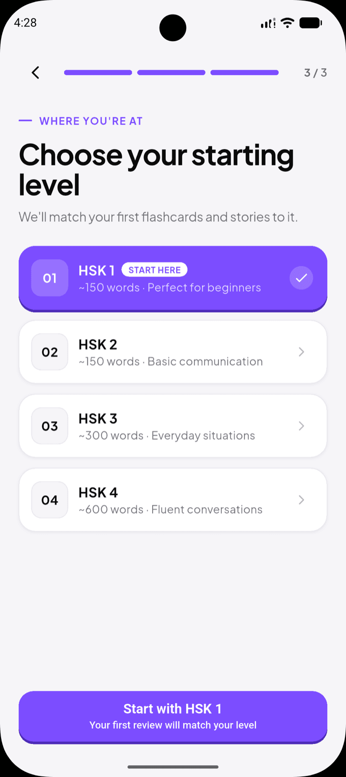 Choosing a starting level in Vokku, from HSK 1 at around 150 words to HSK 4 at around 600.
